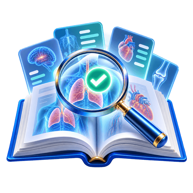 3D medical book and magnifying lens revealing an answer